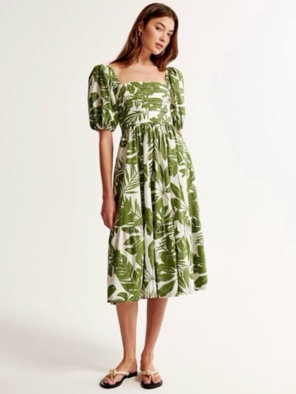 Abercrombie Emerson Poplin Green and White Leaf-Print Midi Dress - Size S